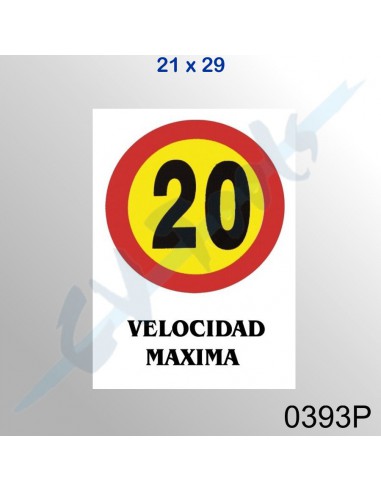Cartel PVC 21x29 Velocidad Máxima 20