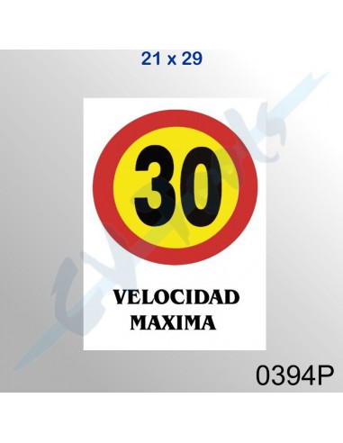 Cartel PVC 21x29 Velocidad Máxima 30